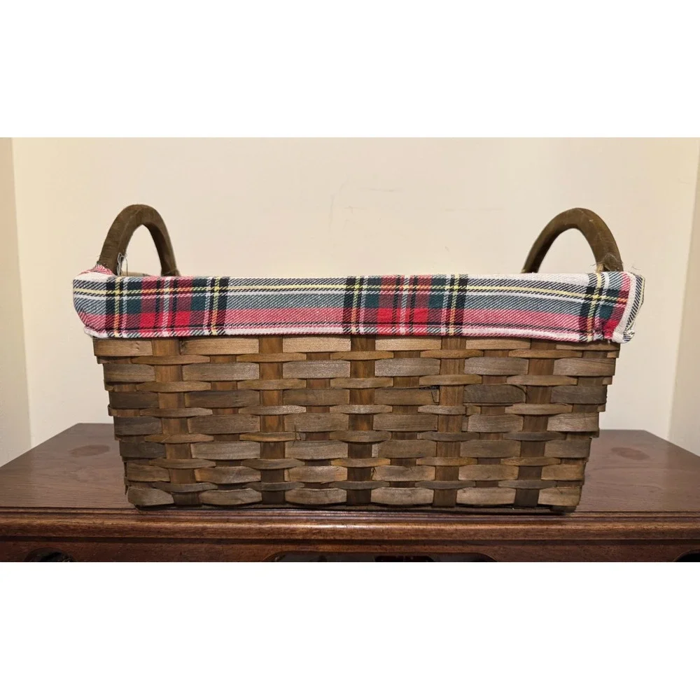 Ashland Christmas Flannel Plaid Lined Woven Basket Wooden Handles 17x11 Storage